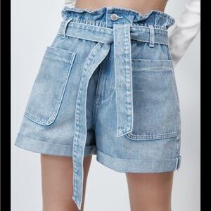 Zara Paperbag Waist Blue Jean Shorts